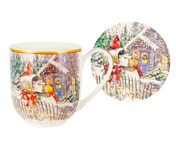 Кружка с подставкой Новогодний пейзаж.Птицы 0,48 л. в подарочной упаковке