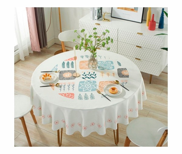 Скатерть водоотталкивающая, круглая 130см. кремовая лен Пэчворк