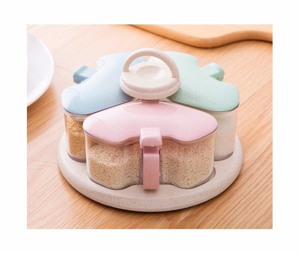 Менаж для специй пластик, пшеничная солома 3 отделения с ложкой 16см*7см.