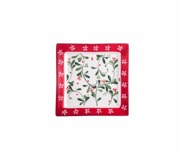 Тарелка керамическая, квадратная 26см. красная Деревенский сад