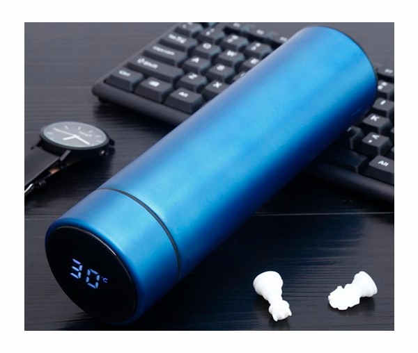 Термос 0,5л. стальной, голубой с термодатчиком