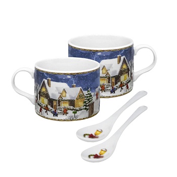 Чашка с ложкой 2 персоны 280мл Новогодняя деревня