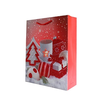 Пакет 32*26*10 см красный ручка тесьма Новогодние подарки