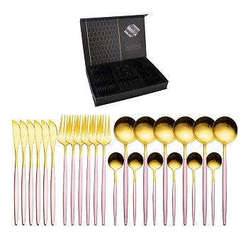 Набор столовых приборов 24 предмета золото розовая ручка Японский стиль