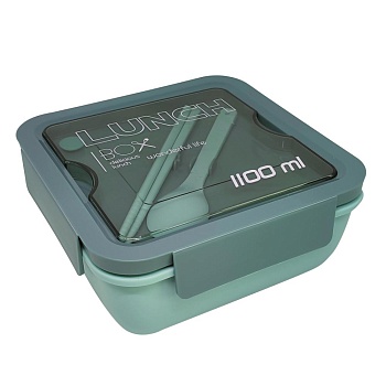 Ланч бокс пластиковый, квадратный, зеленый 2 отделения 1,1 л 17*17см ложка+палочки