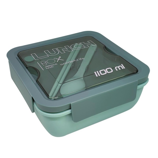 Ланч бокс пластиковый, квадратный, зеленый 2 отделения 1,1 л 17*17см ложка+палочки