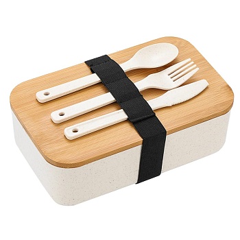 Ланч бокс 1л 19*12*6.6см + ложка,вилка,нож бежевый деревянная крышка пшен солома
