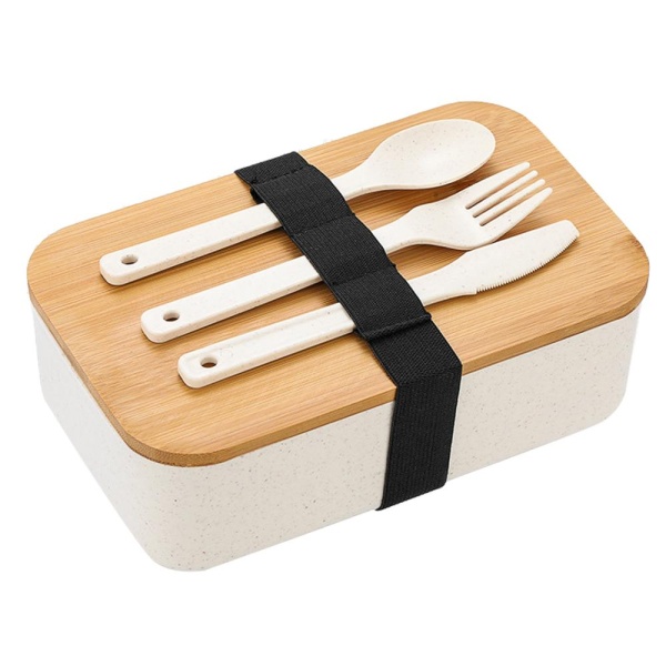 Ланч бокс 1л 19*12*6.6см + ложка,вилка,нож бежевый деревянная крышка пшен солома