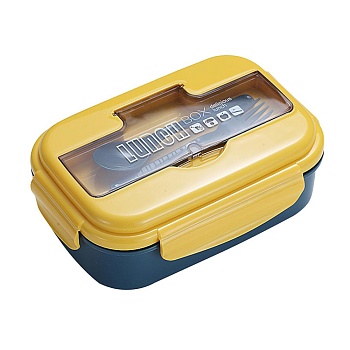 Ланч бокс пластиковый, прямоугольный, желтый 2 отделения 1,1 л 22*12*7см +ложка, вилка