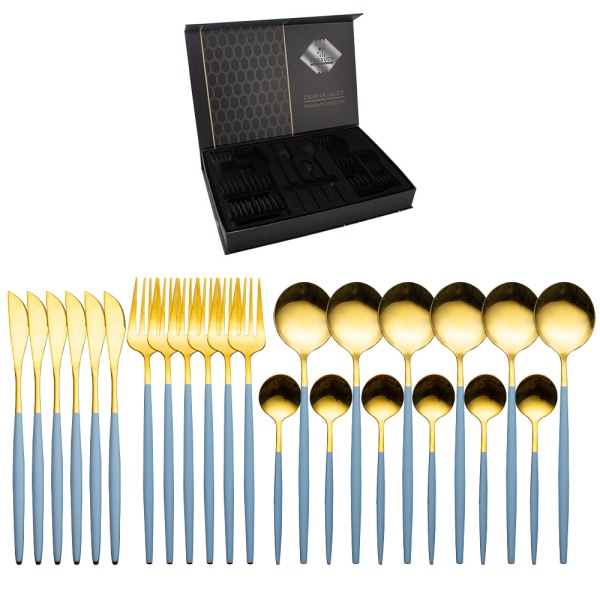 Набор столовых приборов  24 предмета золото, серая ручка Японский стиль