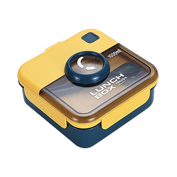 Ланч бокс пластиковый, квадратный, желтый 2 отделения 1 л с клапаном 17*17*7 см +ложка, вилка