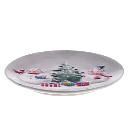 Тарелка 19,5 см керамическая Снеговики с елкой
