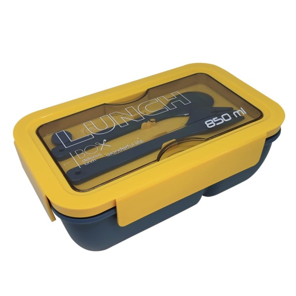 Ланч бокс пластиковый, прямоугольный, желтый  0,85 л 2 отделения 19,5*12*7 см ложка+вилка