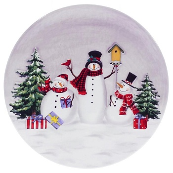 Тарелка 25 см керамическая Снеговики с елкой