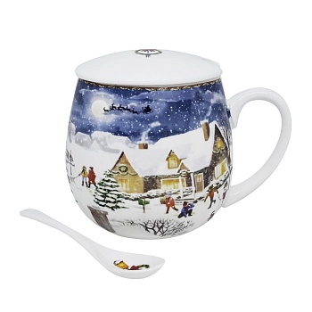 Кружка заварочная с крышкой, с ложкой 420мл Новогодняя деревня
