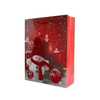 Пакет 22*18*10см красный, ручка тесьма Снеговик