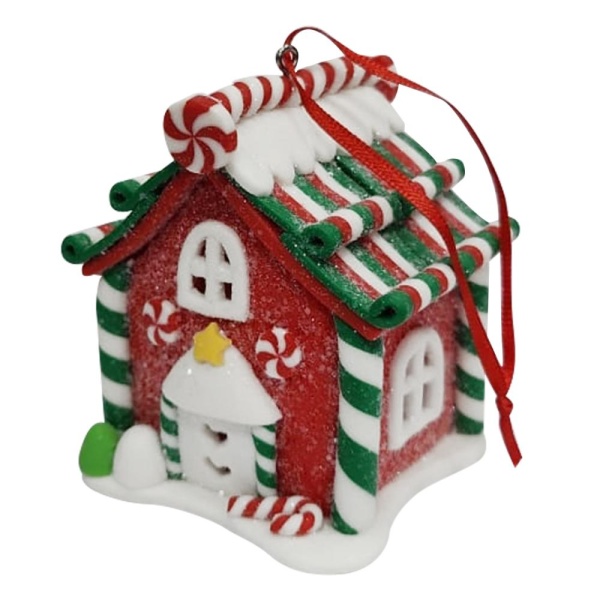 Елочная игрушка, красный Домик с клюшкой конфетой