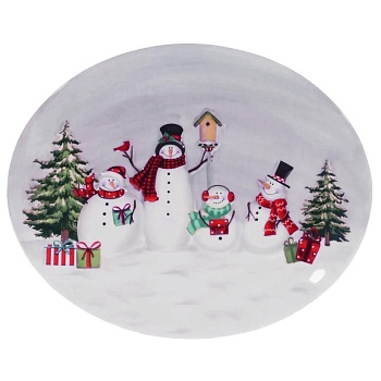 Блюдо овальное 30,5*24,8 см.Снеговики с елкой