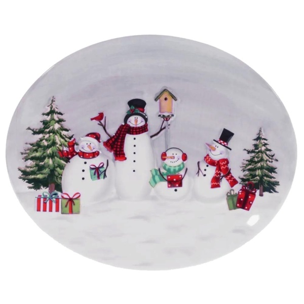 Блюдо овальное 30,5*24,8 см.Снеговики с елкой