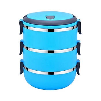 Термос для еды 3 слоя пластик, голубой 2,1л