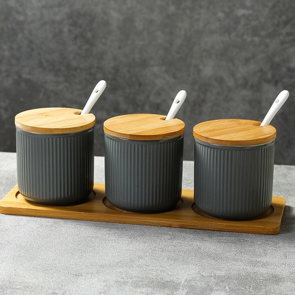 Набор банок для специй 3 штуки с ложками на подставке,серый
