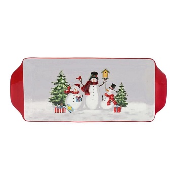 Блюдо прямоугольное, глубокое 34,5*14,2*3 см. Снеговики с елкой