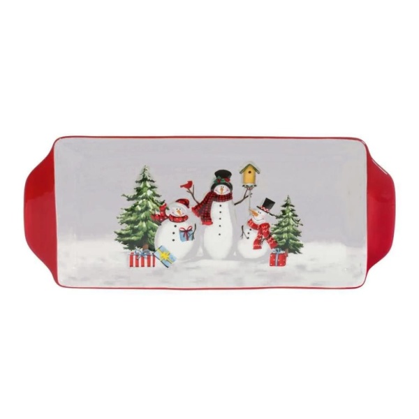 Блюдо прямоугольное, глубокое 34,5*14,2*3 см. Снеговики с елкой