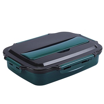Ланч бокс 3 отделения пластик, сталь зеленый 28*20*6,5см + ложка,вилка,палочки