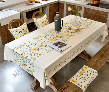Скатерть водоотталкивающая, прямоугольная 130*220см. лен песочная Цветы