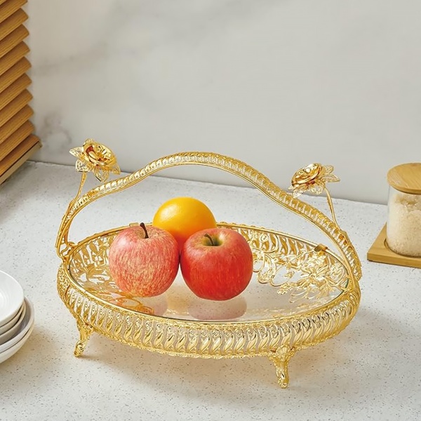 Блюдо для фруктов овальное 26,5*20*21см из стали, стекла, напыление Роза