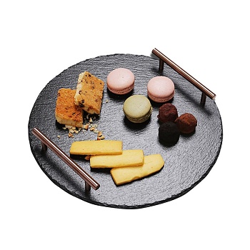 Блюдо с ручками сланец, медь круглое 25см