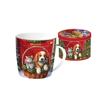 Кружка 350 мл., Щенок с кошкой в жестяной банке