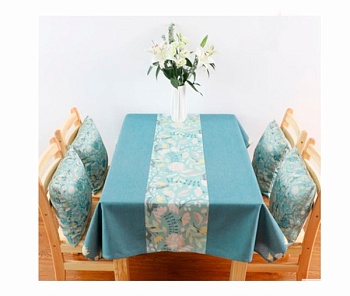 Скатерть прямоугольная 140*210см. лен, синяя Цветы