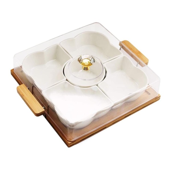 Менаж 5 отделений, пластиковая крышка, деревянная подставка 27см.