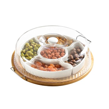 Менаж 5 отделений, пластиковая крышка, деревянная подставка 28,5см.