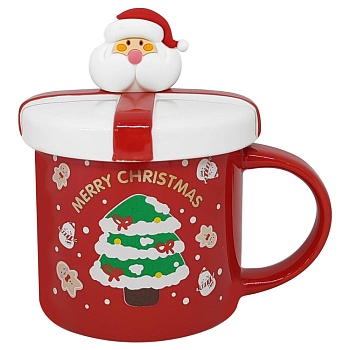 Кружка с крышкой и ложкой 400 мл 9*9 см Дед мороз с елкой