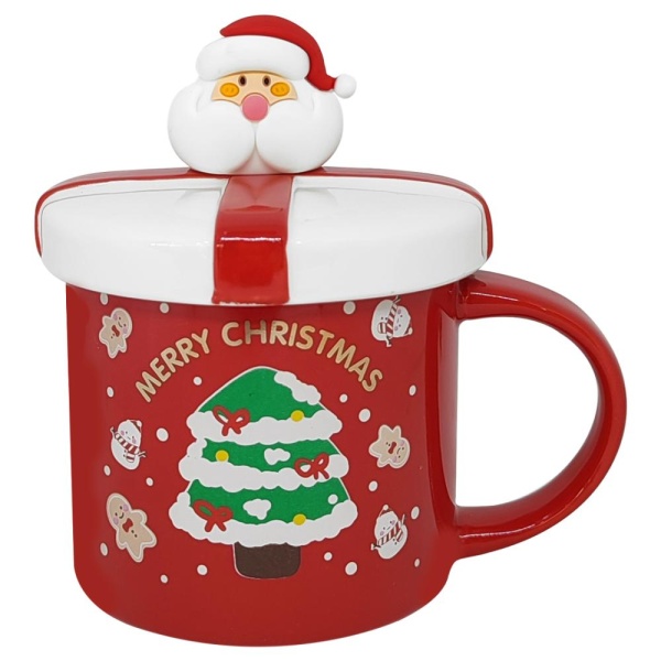 Кружка с крышкой и ложкой 400 мл 9*9 см Дед мороз с елкой
