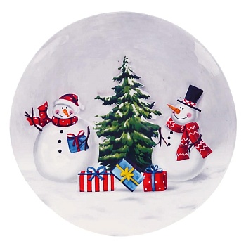 Тарелка 19,5 см керамическая Снеговики с елкой