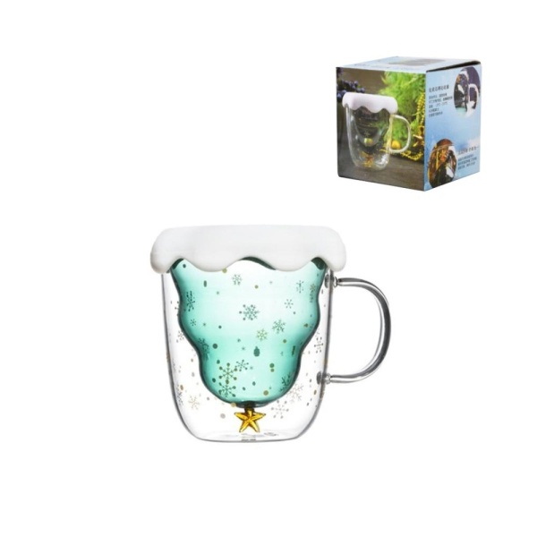 Кружка из двойного стекла с крышкой 300 мл, Ёлка