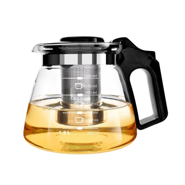 Чайник стекло пластик, сито, откидная крышка 1,1л.