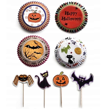 Корзинка для кекса 96шт 4*7,5см. +пикеры 24шт Хэллоуин