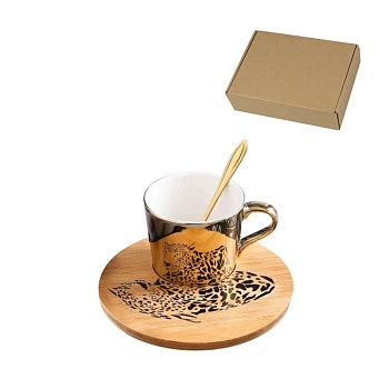 Чайная пара 220мл. деревянное блюдце Леопард