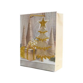 Пакет 45*33*10см золото, ручка тесьма Елка