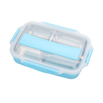 Ланч бокс 4 отделения, пластик голубой 28*20*6,5см +ложка,вилка,палочки