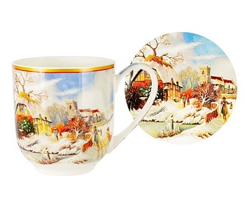 Кружка с подставкой Новогодний пейзаж.Дом в подарочной упаковке