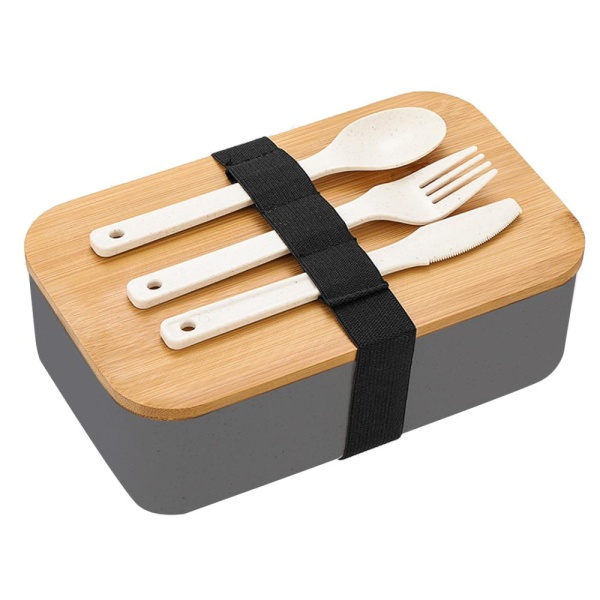 Ланч бокс 1л 29*12см + ложка,вилка,нож серый, деревянная крышка,пшеничная солома