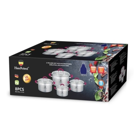 Набор кастрюль 4 предмета с крышками красные ручки House Roland