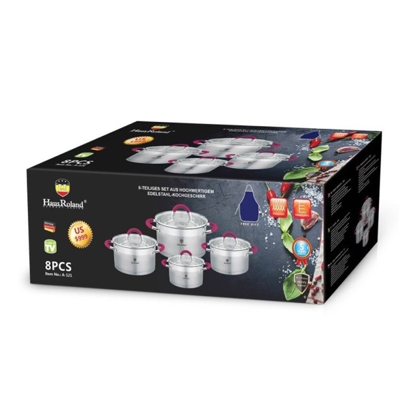 Набор кастрюль 4 предмета с крышками красные ручки House Roland