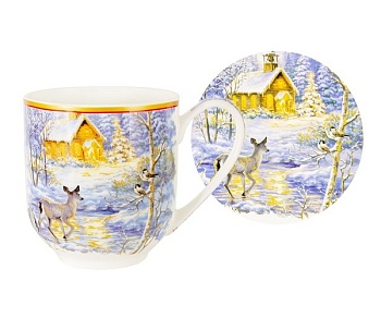Кружка с подставкой Новогодний пейзаж.Олененок 0.48 л. в подарочной упаковке