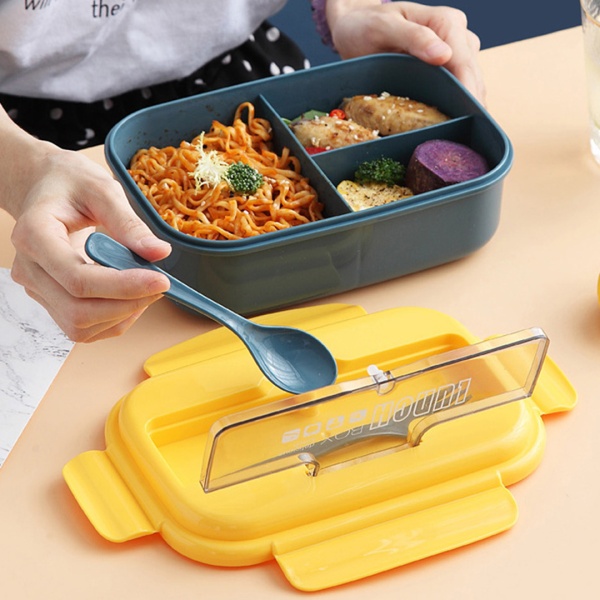 Ланч бокс пластиковый, прямоугольный, желтый 2 отделения 1,1 л 22*12*7см +ложка, вилка